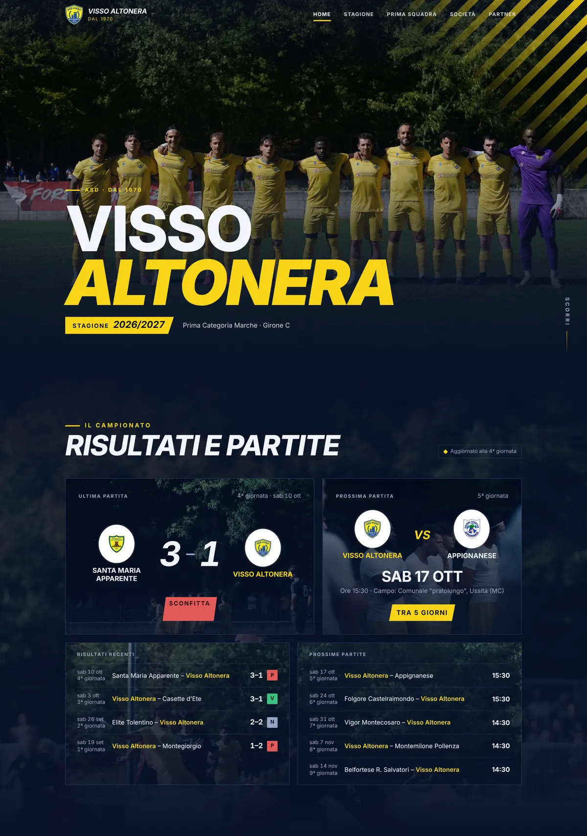 Il sito del Visso Altonera Calcio: pagina iniziale e sezione risultati e partite